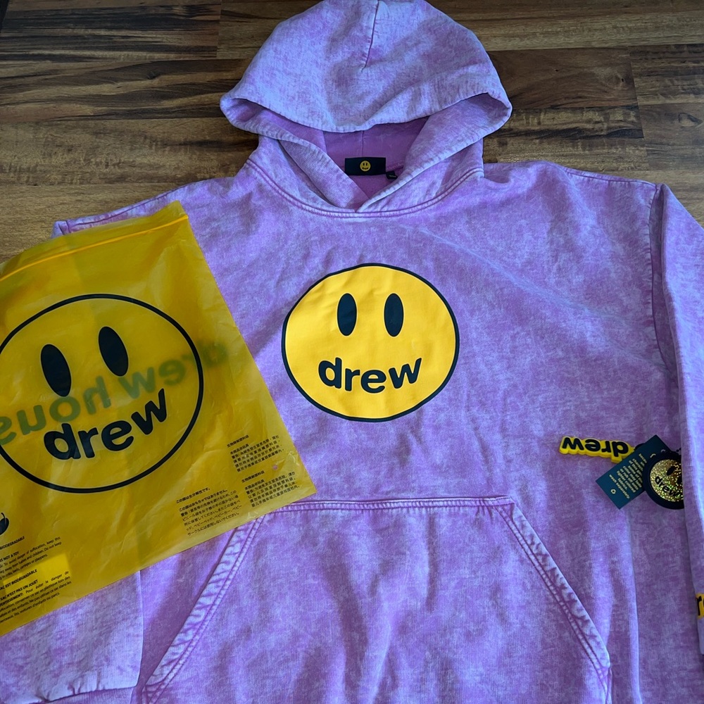 drew house Pink Tie-Dye Hoodie with Yellow Smiley Logo